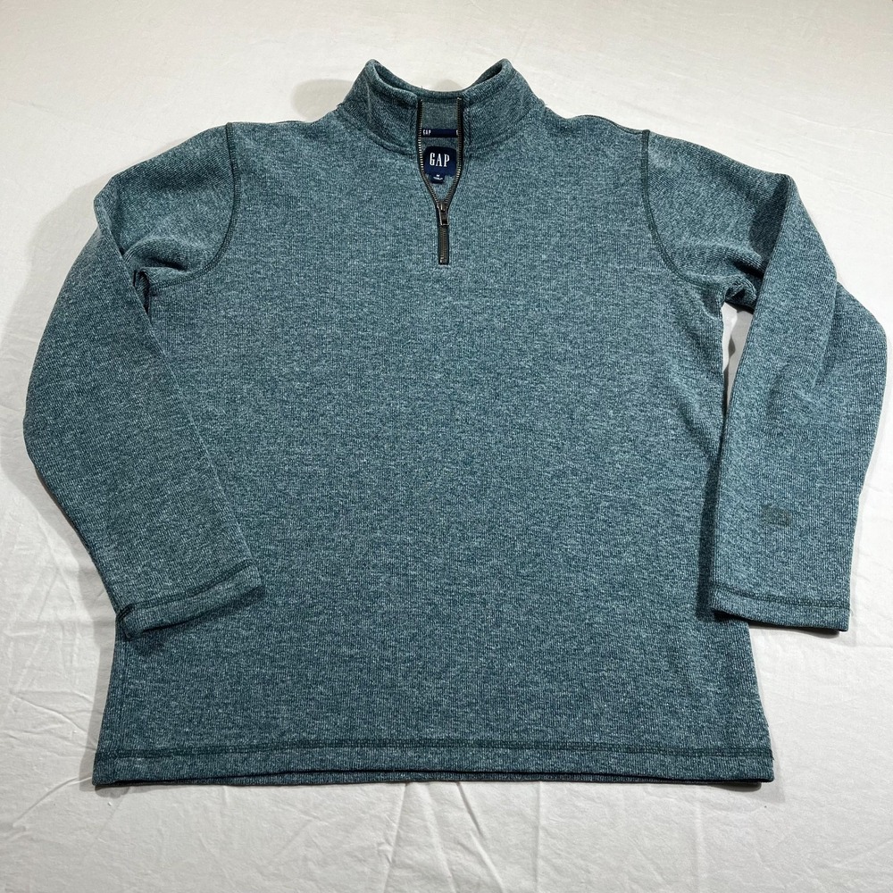 Gap Mens Medium 1/4 Zip Pullover Sweater Blue Green Mock Neck Long Sleeve Cotton